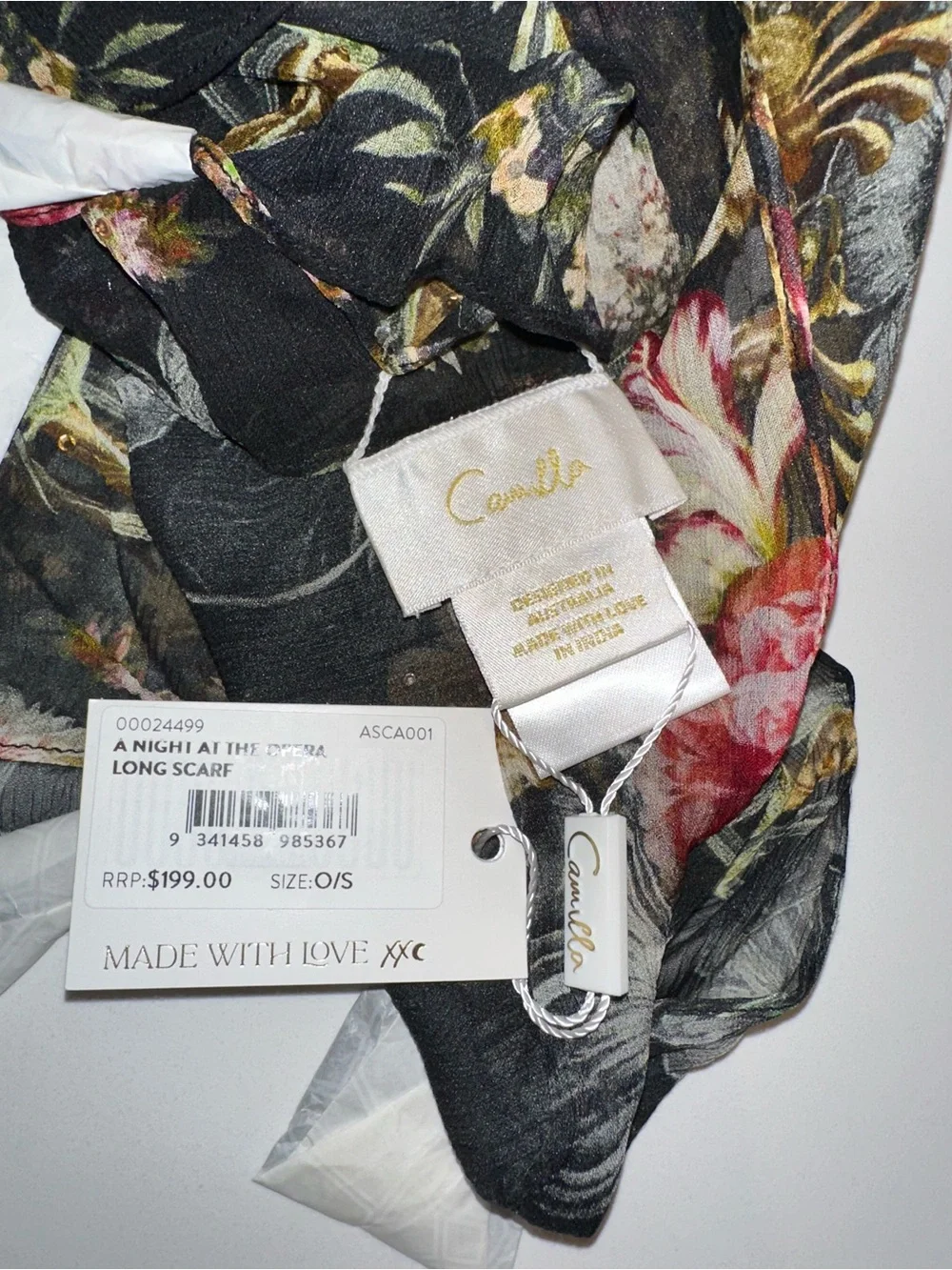 CAMILLA “A Night At The Opera” boho black floral silk long scarf shawl belt top